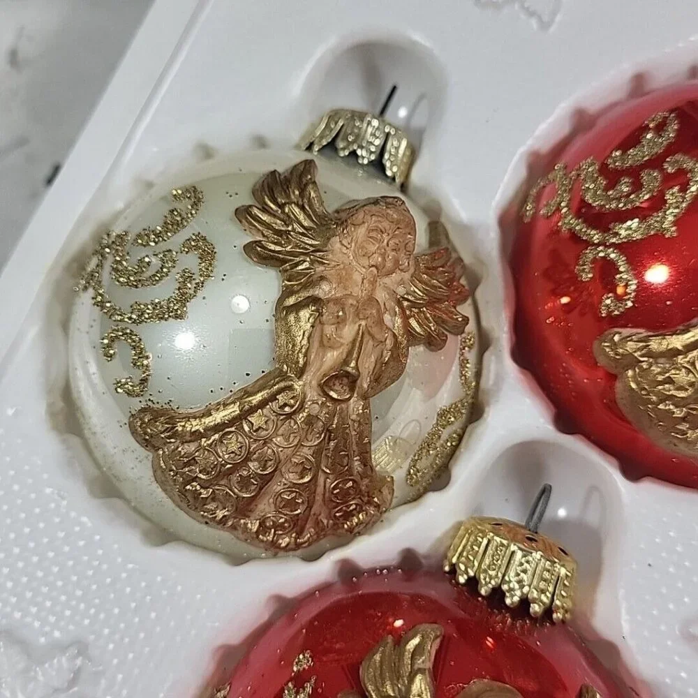 Vintage Kugelgruss Christmas Ornaments Box Of 3‎ Red Gold Noel Angels Germany